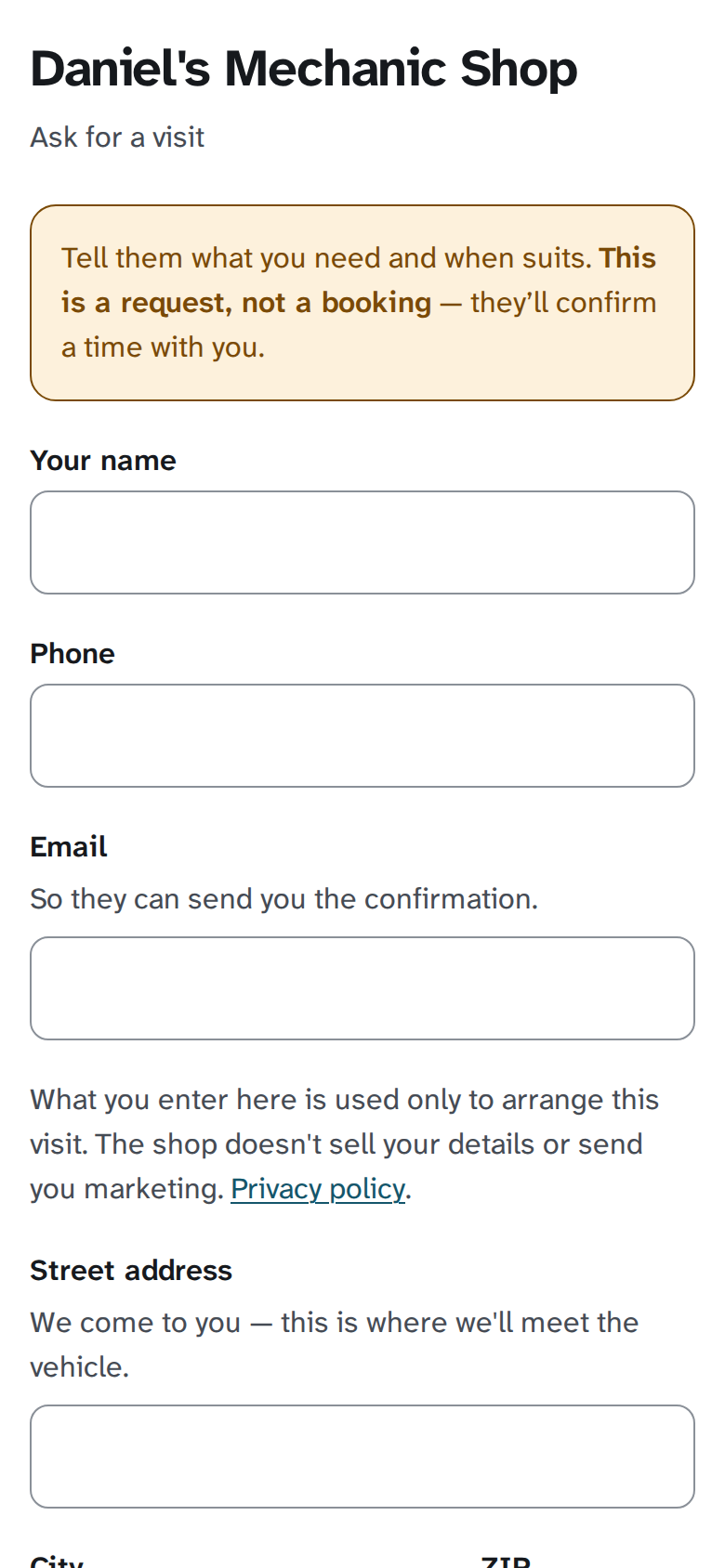 A shop's booking page on a phone, asking for the customer's details and what the vehicle needs.