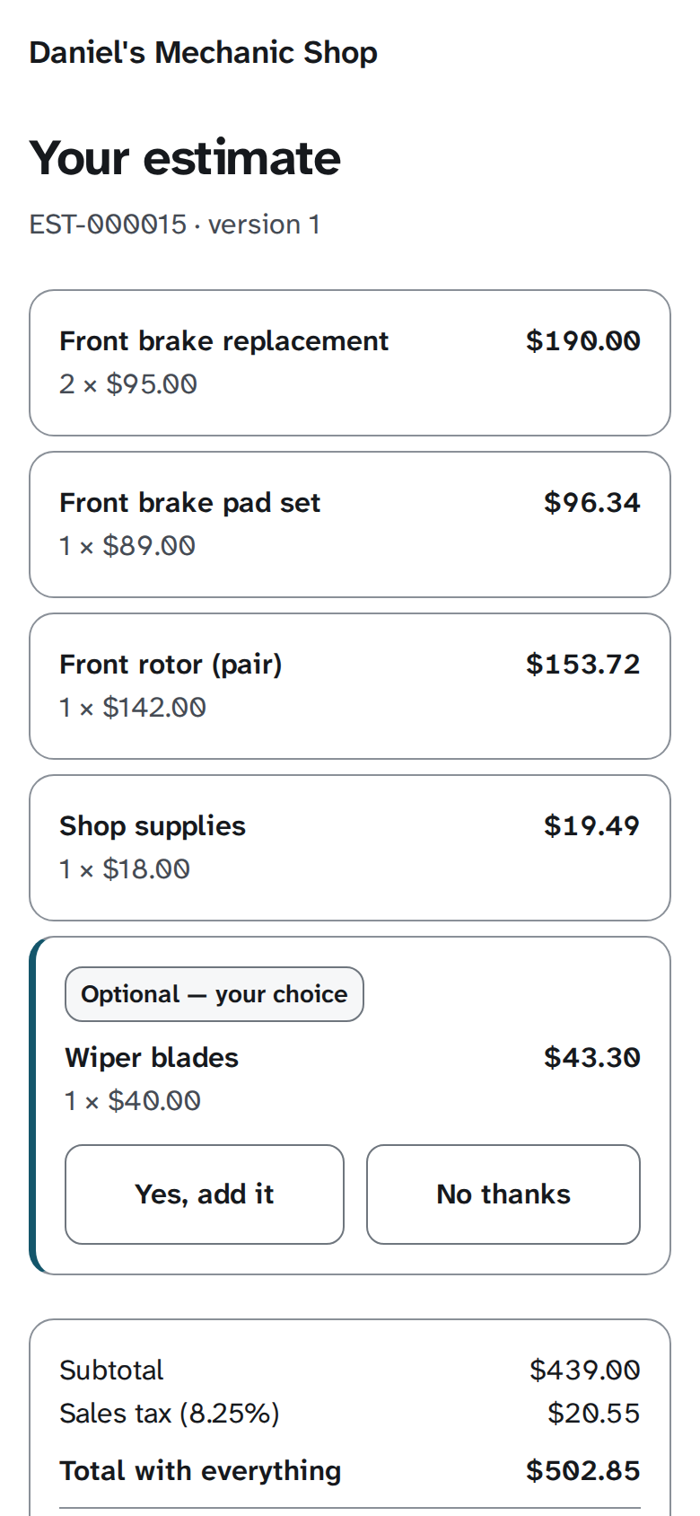 A customer's phone showing an estimate from Daniel's Mechanic Shop: front brake replacement, pads and rotors each priced, an optional item they can accept or decline, and the total.