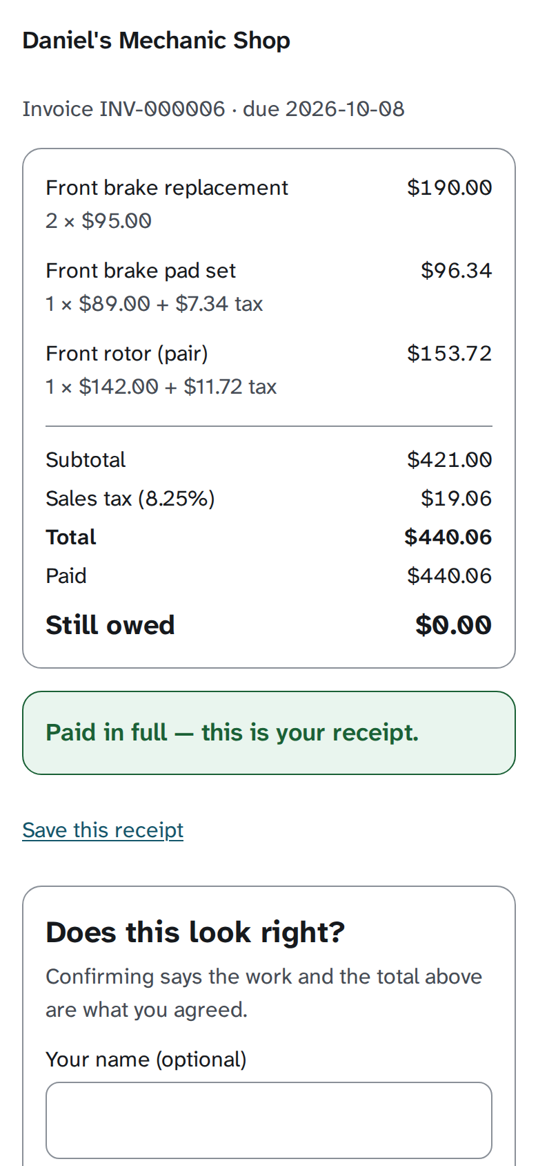 The customer's invoice, settled: nothing still owed, and a note saying this is their receipt.